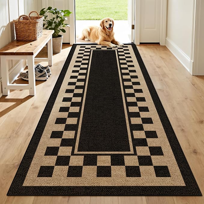 Washable Checkered Easy Jute Runner Rug 2x6, Black Checkerboard Geometric Outdoor Indoor Patio Bordered Rug, Woven Non Slip Thin Neutral Long Runner Carpet for Hallway Kitchen Entryway Porch