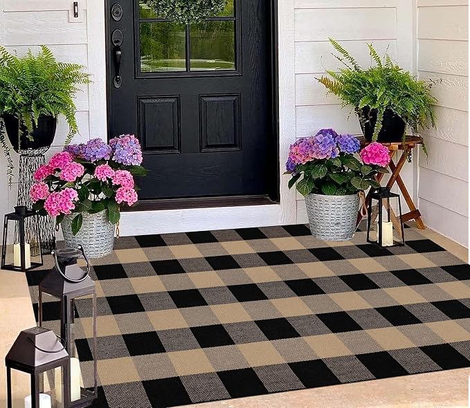 Washable Outdoor Rug 3'x5',Black and Tan Checkered Rug Cotton Woven Washable Farmhouse Front Door Mat Outdoor for Entryway,Patio,Bedroom,Hello Welcome Mat