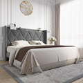 Allewie King Size Bed Frame with Storage Headboard & Charging Station | Diamond Tufted Design & Gold Trim, Velvet Upholstered Platform Bed, No Box Spring Needed, Easy Assembly, Noise-Free, Grey