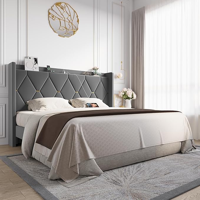 Allewie King Size Bed Frame with Storage Headboard & Charging Station | Diamond Tufted Design & Gold Trim, Velvet Upholstered Platform Bed, No Box Spring Needed, Easy Assembly, Noise-Free, Grey