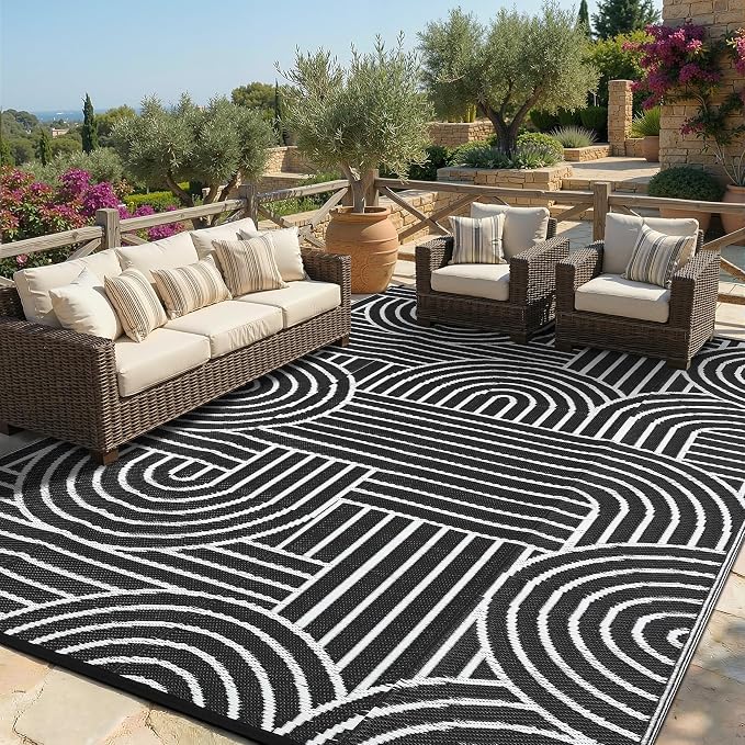 Garvee Reversible Rainbow Outdoor Rug 6x9, Waterproof Outdoor Plastic Straw Rug, RV Mat for Picnics, Patio, Camping, Balcony, Deck, Backyard, Porch, Black