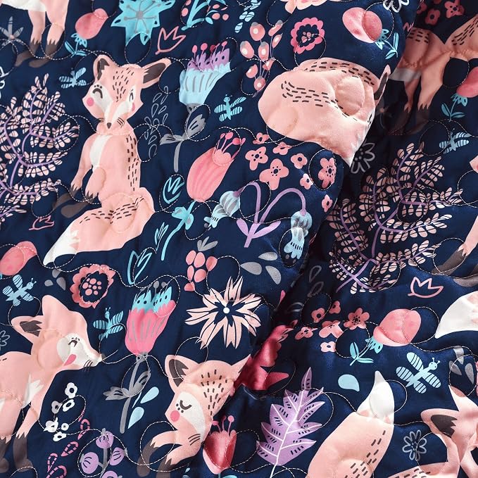 Lush Decor Pixie Fox Sherpa Throw Blanket 50”W x 60" L Navy & Pink - Sherpa Blankets - Toddler Blanket for Bed - Pink Girls Room Decor - Floral Throw