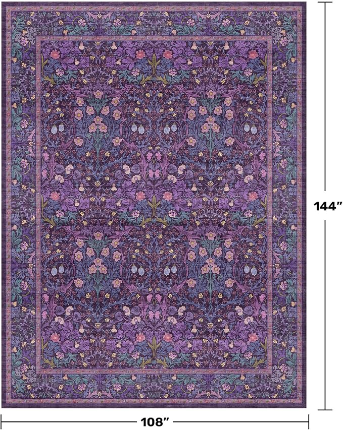 Washable Purple Floral Rug for Living Room - 9x12 Large Area Rug for Bedroom, Dining Room Under the Table, Soft Low Pile Non-Slip Stain Resistant Carpet - Vintage Plum Design