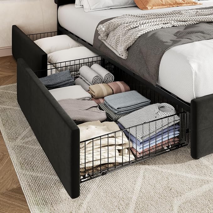 Allewie Upholstered Full Size Platform Bed Frame with 4 Storage Drawers and Adjustable Headboard, Square Button Tufted, Wooden Slats Support, Noise-Free, No Box Spring Needed, Easy Assembly, Black