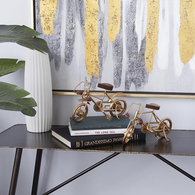 Deco 79 Metal Bike Decorative Sculpture Home Decor Statues with Wood Accents, Set of 2 Accent Figurines 10" x 5" x 7", Gold