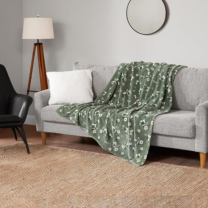 Lucky Brand Cozy Plush Blanket - Premium Microfiber Throw for Luxurious Comfort and Style, 50" x 70", Daisy Green Floral