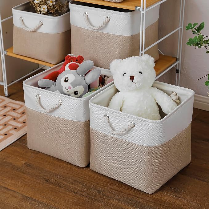 MidmmVick 13 x 13 Inch Cube Storage Bins, 4 Pack Large Collapsible Fabric Storage Bin with Ropes, Foldable Storage Cubes for Home, Office,Closet, Clothes, Toys Organizer (White & Beige)