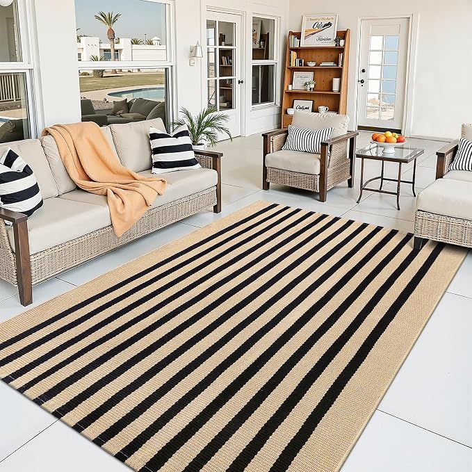 OLANLY Brown and Black Striped Rug 3' x 5' – Washable Cotton Doormat for Indoor Outdoor Use, Layered Front Porch Rug for Entryway, Kitchen, Patio