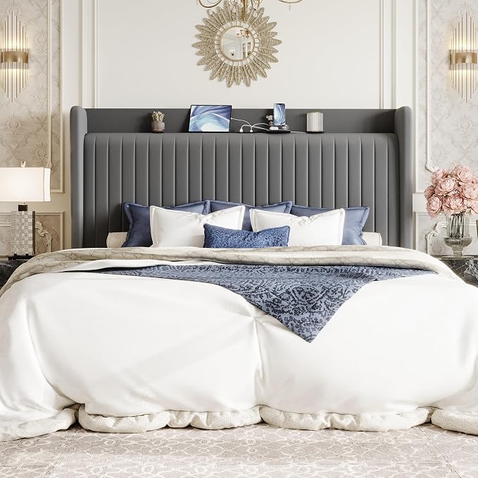 SHA CERLIN King Size Velvet Bed Frame with Shelf, Charging Station, Grey | Wingback Storage Headboard, Upholstered Platform Bed, Wooden Slats Support, No Box Spring Needed, Easy Assembly, Noise Free