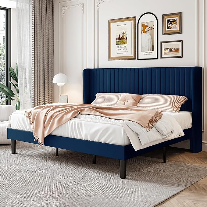 SHA CERLIN King Size Velvet Bed Frame, Tufted Wingback Headboard, Blue | 47'' Modern Vertical Channel Headboard, Upholstered Platform Bed, Wood Slats, No Box Spring Needed, Easy Assembly, Noise Free