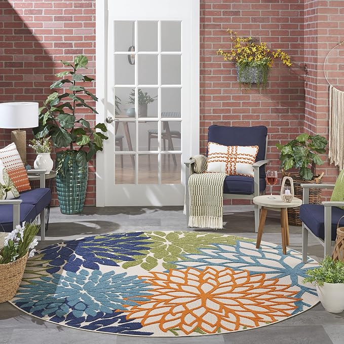 Nourison Home Aloha Indoor/Outdoor Multicolor 7'10'' x Round Area-Rug, Tropical, Botanical, Easy-Cleaning, Non Shedding, Bed Room, Living Room, Dining Room, Deck, Backyard, Patio (8 Round)
