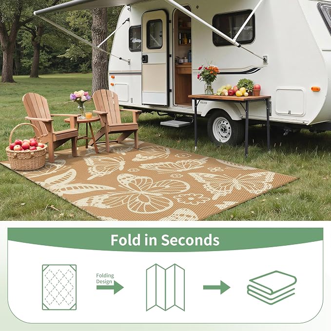GENIMO Outdoor Rug, Waterproof Plastic Rugs for Patio, 6'x9' Brown Linen | Outside Larger Leaf Carpet Mat for Porch Decor, Deck, Balcony, Camping, RV, Backyard, Picnic, Beach, Reversible, Foldable