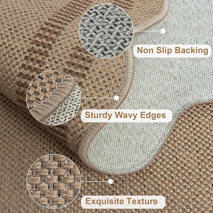 Scalloped Easy Jute 2x6 Kitchen Runner Rug, Washable Rugs for Entryway Non Slip Outdoor Indoor Hallway Rug, Farmhouse Brown Carpet for Entry Bedroom Laundry