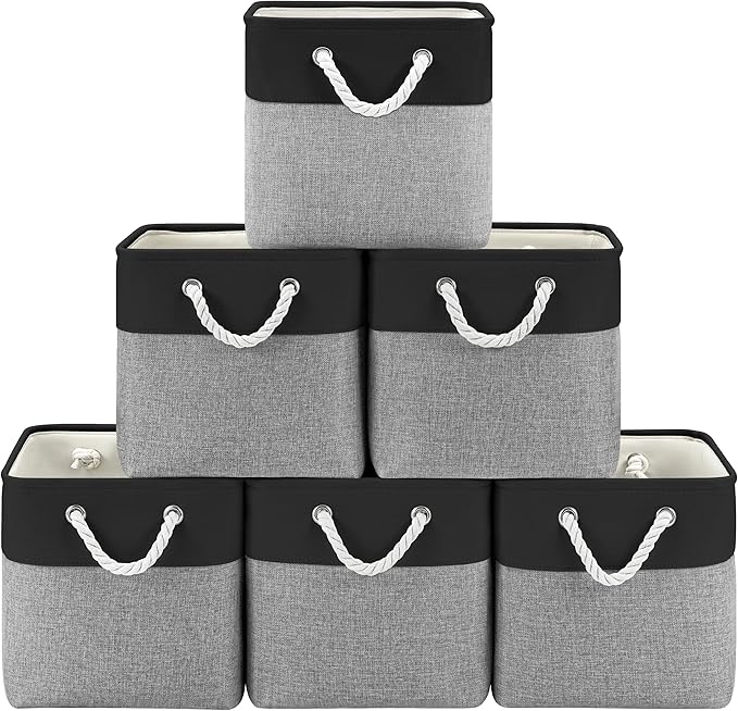 Patvingot 11-Inch Fabric Cube Storage Bins with Handles,6 Pack,Foldable | For cube shelves and closets,keeps grouped for everyday access,reinforced opening and fold-flat storage,dark and gray
