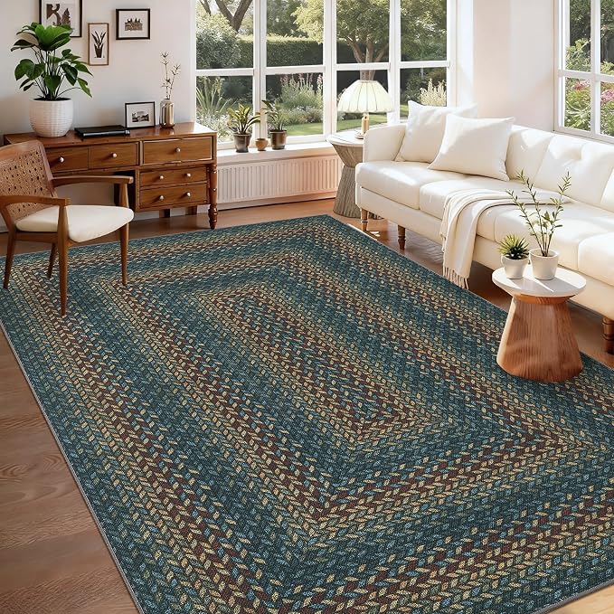 GarveeHome Easy Jute 3x5 Modern Braided Print Washable Rugs for Living Room | Indoor Non Slip Stain Resistant Small Area Rugs Living Room Bordered Throw Carpet Jute Rugs for Bedroom Kitchen, Navy