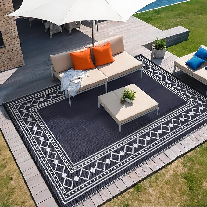 Waterproof Reversible Outdoor Rug – Durable Plastic Straw Patio Mat, Easy-Clean, Carry Bag & Stakes – Modern Geometric Edge, 9x12ft, Black Blue/White – Specification