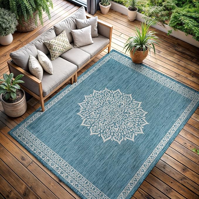 CAMILSON Outdoor Rug 8x10 Medallion Aqua Modern Area Rugs for Indoor and Outdoor Patios Kitchen and Hallway Mats Washable Porch Deck Outside Carpet (Medallion Aqua 8 x 10)