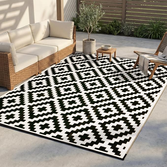 FH Home Outdoor Camping Rug - Waterproof, Fade Resistant, Reversible - Premium Recycled Plastic - Geometric - Large Patio, Deck, Sunroom, RV - Aztec - Black & White - 9 x 12 ft Foldable
