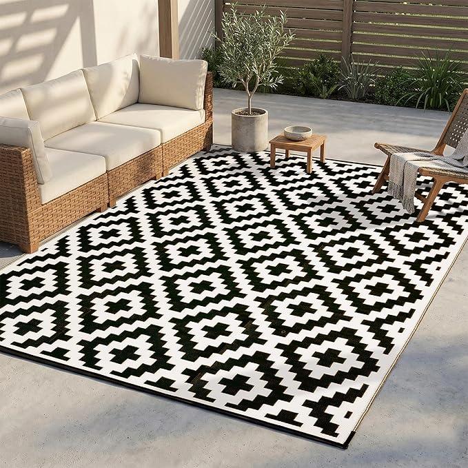FH Home Outdoor Camping Rug - Waterproof, Fade Resistant, Reversible - Premium Recycled Plastic - Geometric - Patio, Deck, Sunroom, RV - Aztec - Black & White - 5 x 8 ft Foldable