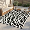 FH Home Outdoor Camping Rug - Waterproof, Fade Resistant, Reversible - Premium Recycled Plastic - Geometric - Large Patio, Deck, Sunroom, RV - Aztec - Black & White - 9 x 18 ft Foldable