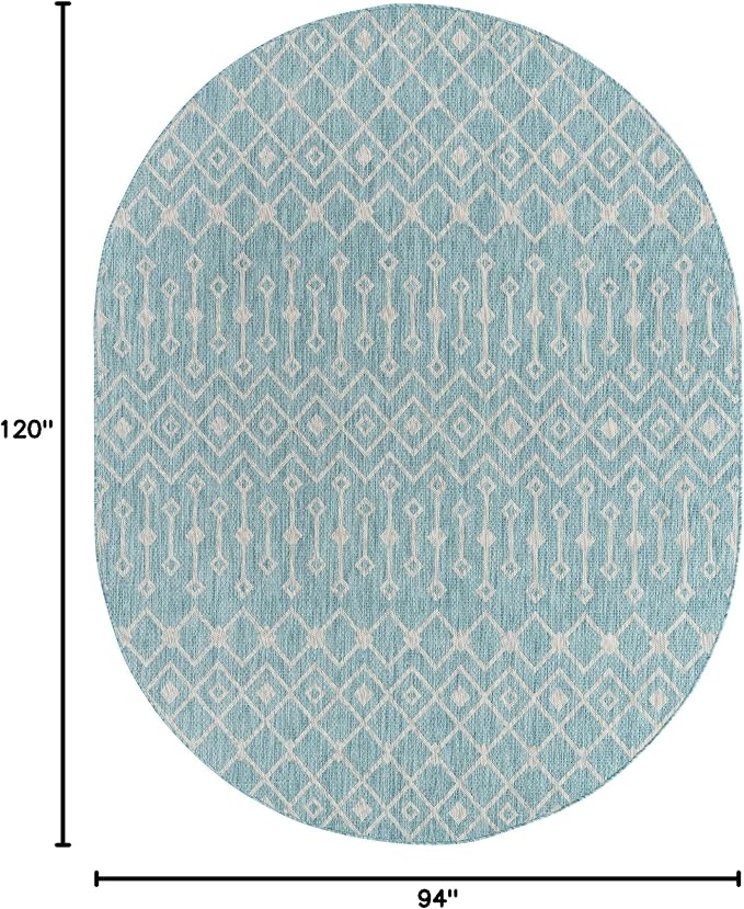 Unique Loom Outdoor Trellis Collection Area Rug - Tribal Trellis (7' 10" x 10' Oval, Aqua/ Ivory)