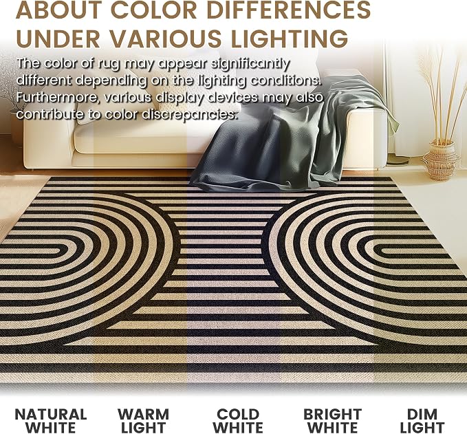 Washable Rainbow Easy Jute Rug 3x5, Black Outdoor Indoor Patio Modern Geometric Neutral Small Rugs, Woven Non Slip Thin Carpet Mat for Living Bedroom Entryway Front Door Farmhouse Doorway Kids