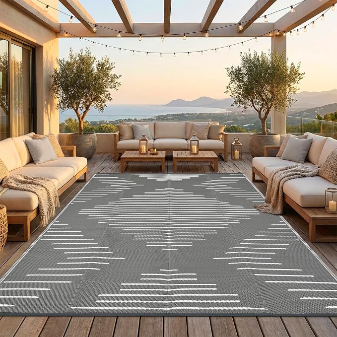 Garvee 10x14 Outdoor Area Rugs Waterproof Easy-Cleaning Plastic Reversible Rugs Indoor Outdoor RV Mat Carpet for Patio Backyard Porch RV Beach Picnic Grey White