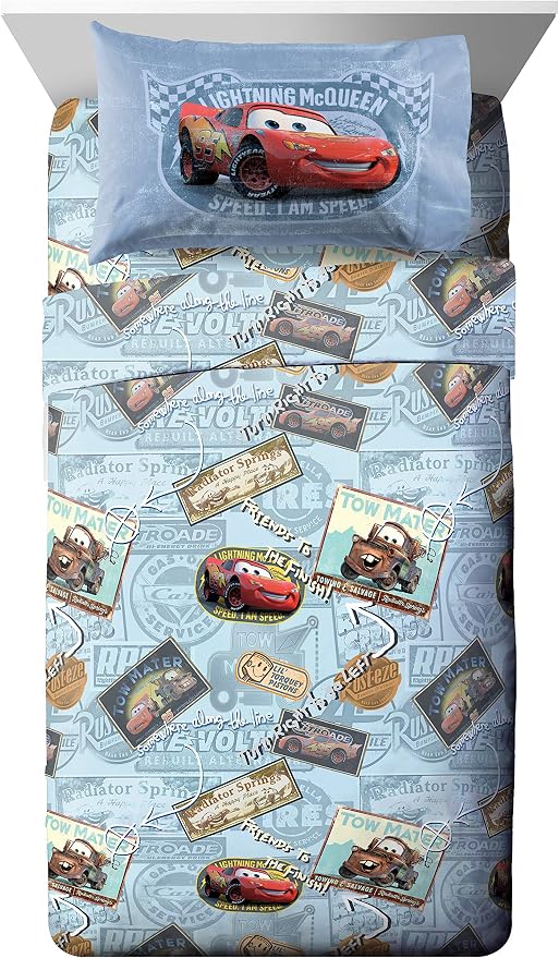Jay Franco Disney Pixar Cars Lightning McQueen Twin Sheet Set - 3 Piece Kids Race Car Bedding, Super Soft Microfiber, Deep Pocket, Machine Washable, Fade Resistant, Blue (Official Disney Product)