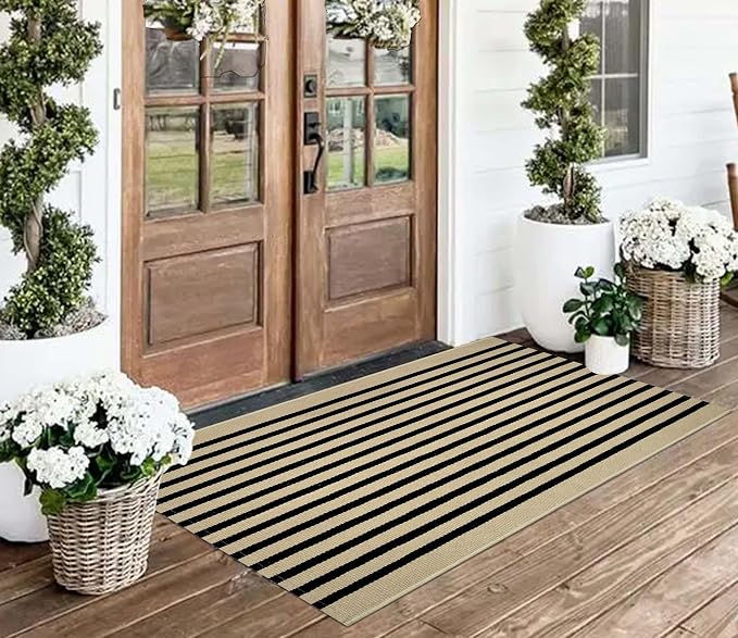 Front Door Mat Outdoor 24"x51",Tan and Black Striped Porch Rug Cotton Woven Washable Indoor Outdoor Layered Doormat Farmhouse Small Area Rug for Porch/Entryway/Home Entrance Decor