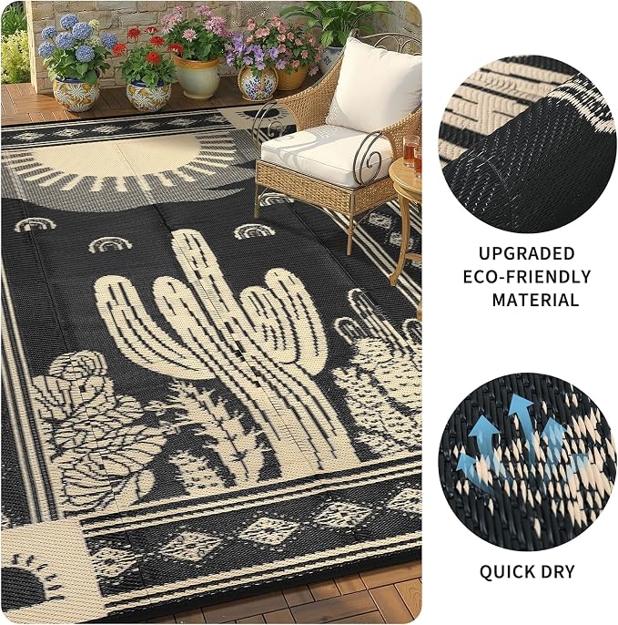 Garvee Waterproof Outdoor Rug 5x8, Cactus Botanical Outdoor Plastic Straw Rug for Camping, Reversible RV Mat Outside, Indoor Outdoor Carpet for Porch, Deck, Backyard, Balcony, Picnic, Black & Brown