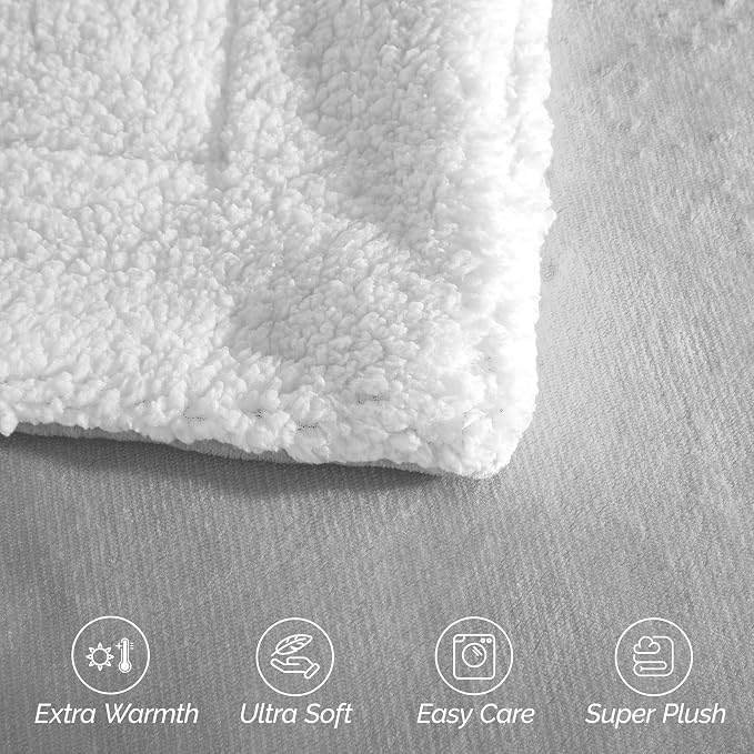 Elegant Comfort Ultra Soft Reversible Flannel Sherpa Blanket - Cozy Silky Fleece Throw for Couch, Bed - Plush Fuzzy Warm Winter Blanket for Gift, Twin XL, Silver Grey