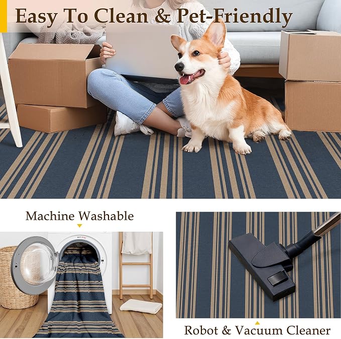 PureCozy Striped Easy Jute Rug 3x5 Blue Entryway Carpet Washable Non Slip Office Door Mat Farmhouse Neutral Non Shedding Small Indoor Outdoor Rug for Bathroom Kitchen Bedroom Living Room