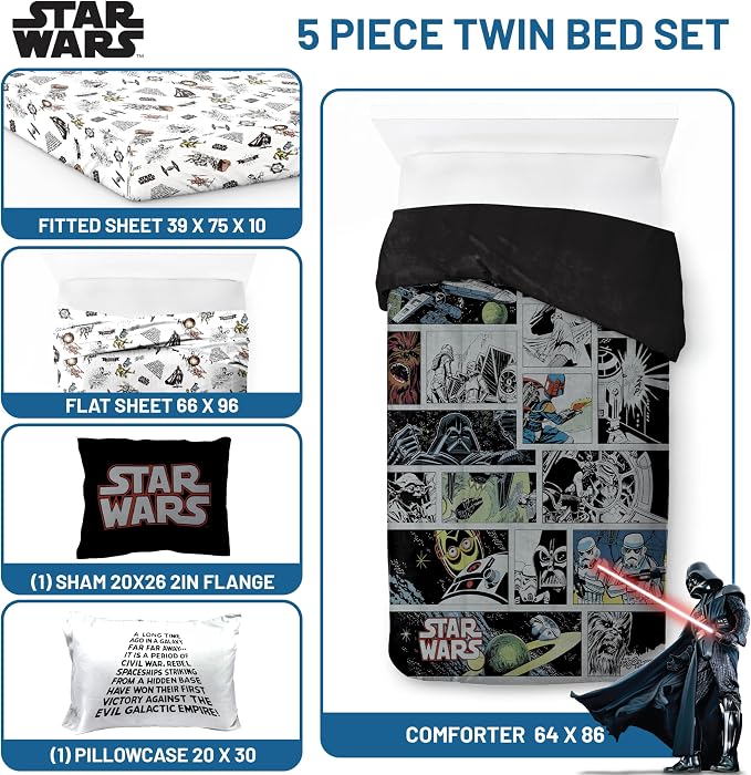 Star Wars Twin Comforter Set 5 Piece Soft Bedding for Boys, Multi | Darth Vader Yoda, Bed in a Bag, Comforter Sheets Sham Pillowcase, Soft Microfiber, Machine Washable, Boys Gift