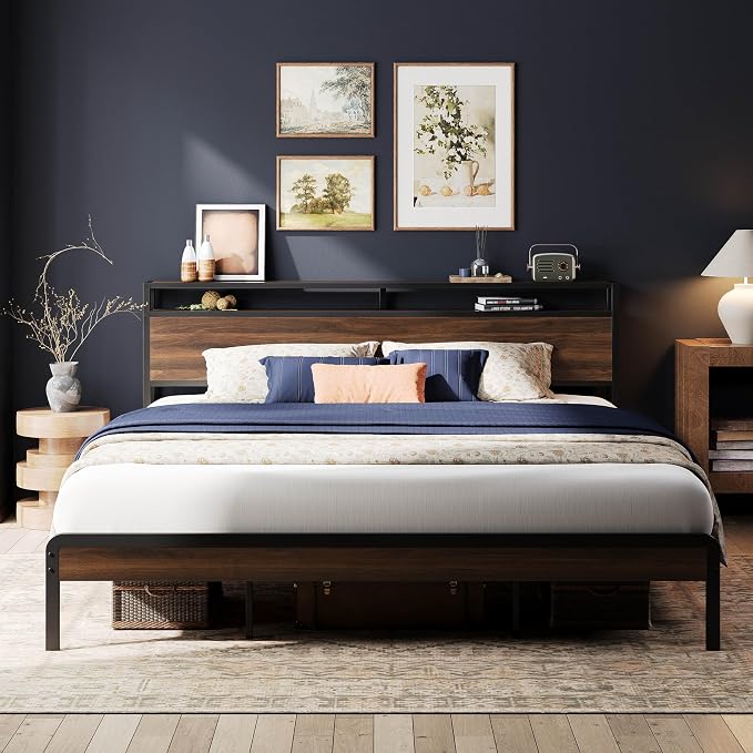 LIKIMIO California King Bed Frames with 2-Tier Storage Shelf Headboard | Dark Wood Platform Bed, Camas California King with Strong Metal Support, Sturdy, Noise-Free, No Box Spring Needed,Dark Walnut