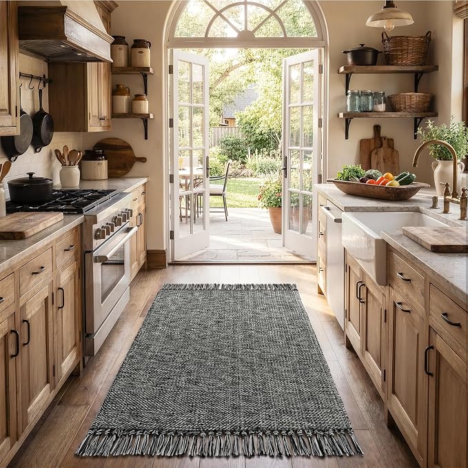 Collive 3' x 5' Indoor Outdoor Rug, Modern Farmhouse Entryway Rug Boho Porch Rugs, Black Hand-Woven Washable Kitchen Mats Front Door Mat for Patio Bedside Nursery Decor