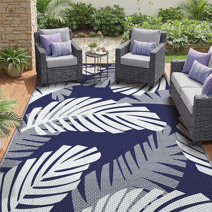 GENIMO Outdoor Rug, Waterproof Plastic Rugs for Patio, 9'x12' Blue White | Outside Larger Leaf Carpet Mat for Porch Decor, Deck, Balcony, Camping, RV, Backyard, Picnic, Beach, Reversible, Foldable