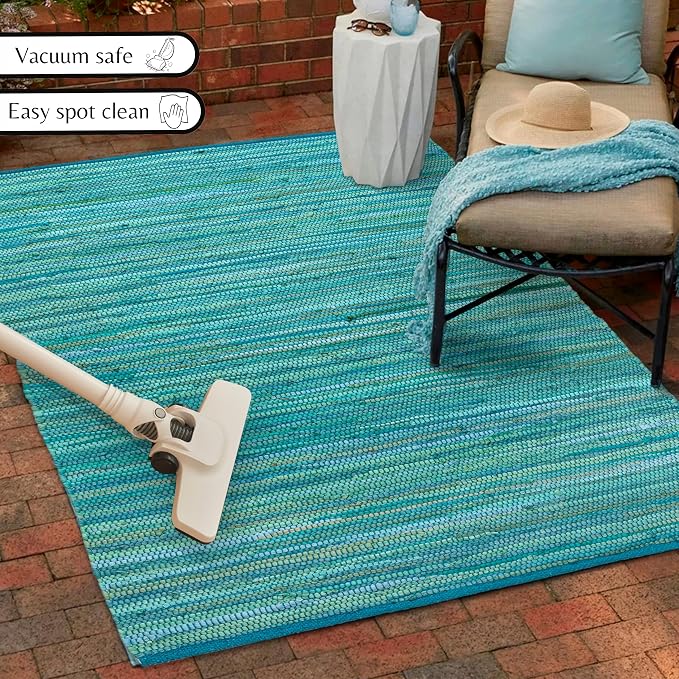 Ramanta Home 100% Cotton Hand Woven Tonal Chindi Rag Rug 3'x5' - Teal, Recycled Reversible Rugs, Boho Rustic Farmhouse Rugs for Living Room, Dinning Room, Kitchen Floor Mats - 36"x60"