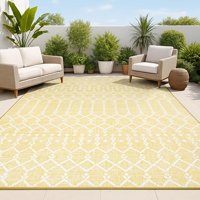 JONATHAN Y Moroccan Geometric Indoor Outdoor Area Rug 4X6 Yellow/Cream, Ourika Textured Weave for Backyard, Patio, Porch, Easy-Cleaning, High Traffic, Pet-Friendly, Non-Shedding (SMB108G-4)