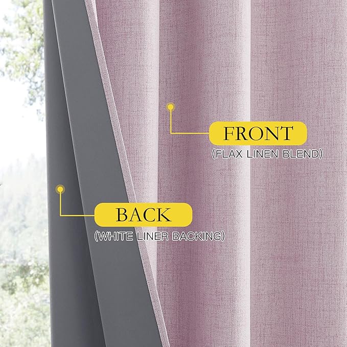 NICETOWN Pink Vintage Linen 100% Blackout Curtains for Living Room, Thermal Insulated Curtains 95" Long, Noise Reducing Window Treatment Drapes for Bedroom, 52" Wide Per Panel, Set of 2
