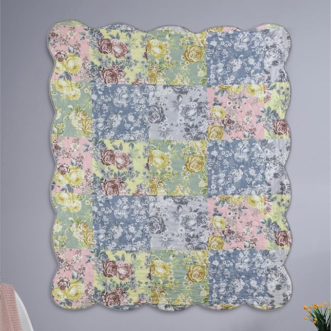 Greenland Home Emma Patchwork Floral Print Quilted Throw Blanket, 60x50-inch, Gray