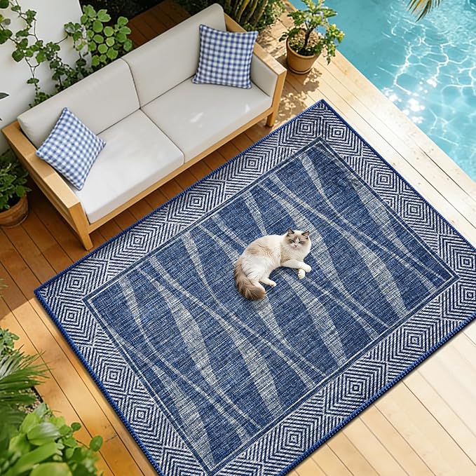 Jute Rug 6x9 Outdoor Patio Rug with Border, Washable Rugs for Living Room, Farmhouse Non Slip Area Rugs with Rubber Backing Indoor Outdoor, Non Shedding Carpet for Bedroom, Courtyard, Blue