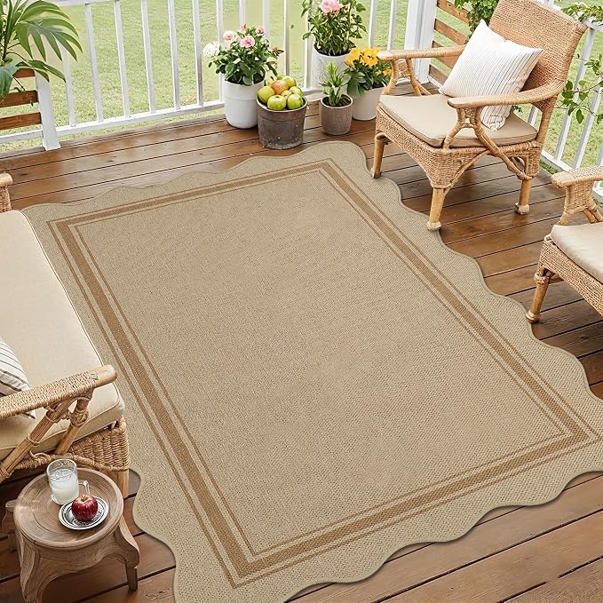 Easy Jute 3x5 Outdoor Rug Washable Non Slip Rug for Entryway Indoor Outdoor Farmhouse Neutral Scalloped Carpet for Backyard Patio Proch Living Room