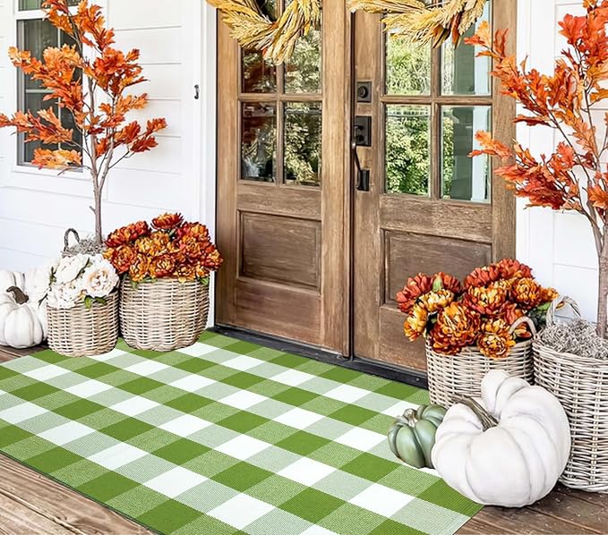 Green and White Outdoor Rug 3'X 5' Buffalo Checked Porch Rug Cotton Woven Machine Washable Layering Door Mat for Welcome Door Mat Porch Entryway Bedroom Living Room