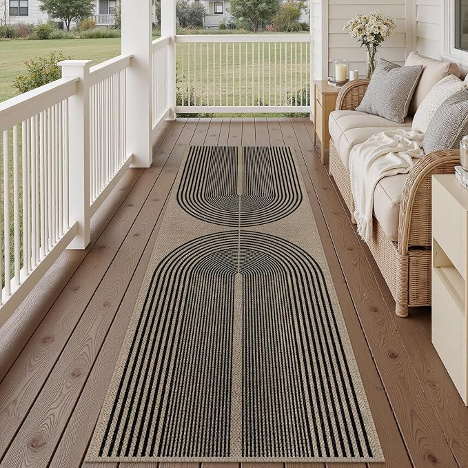Rugalia Easy Jute Rainbow Outdoor Runner Rug, 2.6x8 Black Nature Washable Rugs Runner for Hallway Non-Slip Boho Farmhouse Kitchen Runner Rug, Modern Abstract Carpet for Porch Laundry Entryway