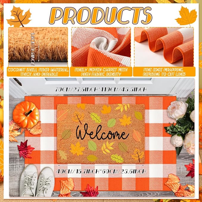 Moucuny 2 Pcs Fall Nature Coir Doormat Outdoor Maple Leave Welcome Mat, Orange and White Plaid Outdoor Rug Non Slip Floor Door Mat for Entrance Front Porch Decor, 24'' x 35'', 16'' x 28''