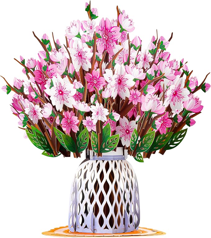 HugePop Flower Bouquet Pop Up Cards 2 Pack - Includes 1 Cherry Blossom Bouquet and 1 Tulip Flower Bouquet, Gift For Mothers Day, Birthday, Valentines Day, All Occasions - Jumbo 10" x 14" Card
