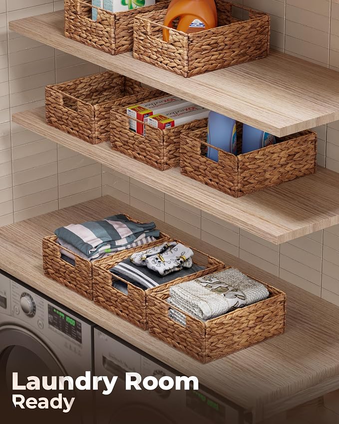 Bluewest Woven Water Hyacinth Storage Baskets with Handles, 6-Pack, Brown | Organizer and laundry basket with carrying handles, designed as a rattan bin for shelves, closets and household essentials.