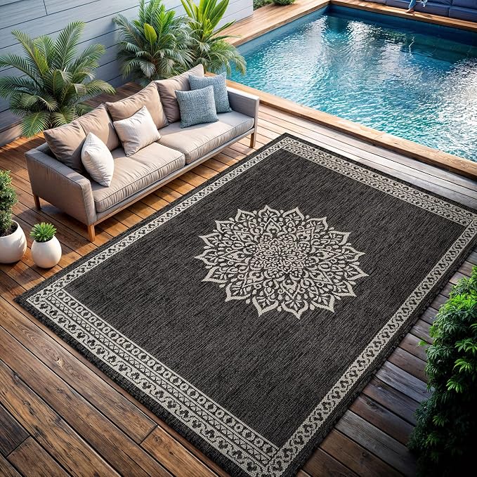 CAMILSON Outdoor Rug 5x7 Medallion Darkgray Modern Area Rugs for Indoor and Outdoor Patios Kitchen and Hallway Mats Washable Porch Deck Outside Carpet (Medallion Darkgray 5 x 7)