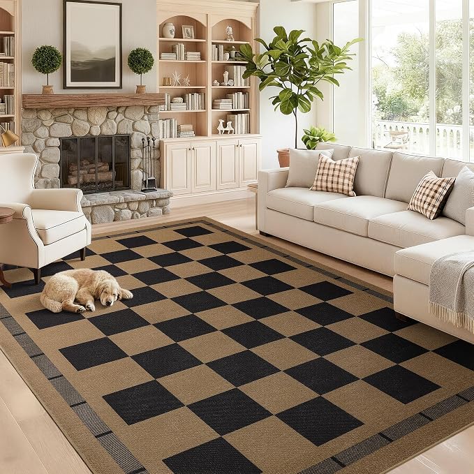 Jute Checkered Rugs, 6x9 Washable Outdoor Patio Rug, Large Living Room Rug | Bedroom Dining Room Indoor Carpet, Non Slip Modern Farmhouse Design Neutral Geometric Porch Classroom Mat, Black and Brown