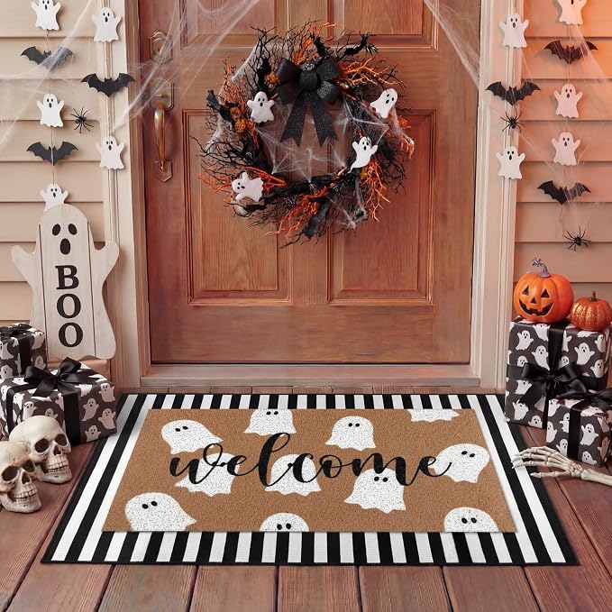 Tinideya 2 Pcs Halloween Door Mat Outdoor Cute Ghost Welcome Doormat for Front Door Non Slip Layered Ghost Coir Floor Mat Black White Stripe Halloween Rug for Outside Front Porch Entryway Decor